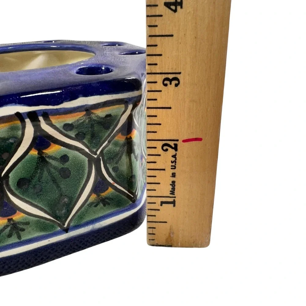 Mexican Talavera Pottery Flower Frog Octagon Ceramic Vase Hand Painted Blue
